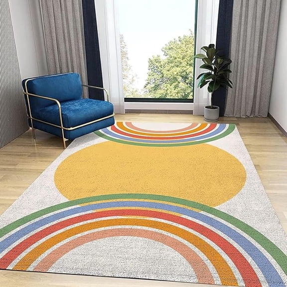 Rainbow Stripes Yellow Sun Area Rug, Vintage Boho European Style Indoor Non Slip Print Rugs, Machine Washable Durable Carpet For Room Sofa Living Room Mat Bedroom Home Decor 5x7ft