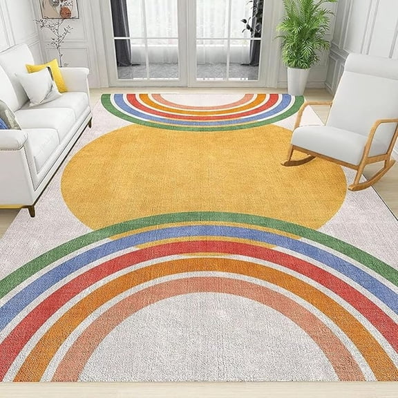 Rainbow Stripes Yellow Sun Area Rug, Vintage Boho European Style Non Slip Throw Accent Rug, Easy Care Durable Carpet For Indoor Living Room Bedroom Office Decor Mat 5x8ft