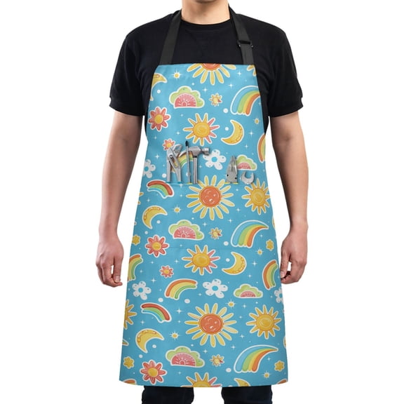 Rainbow Sun Flower Moon Kitchen Apron with 2 Pockets Adjustable waterproof Cooking Aprons for Women Men Chef
