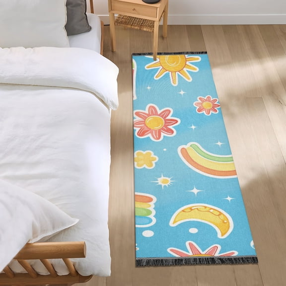 Rainbow Sun Flower Moon Runner Area Rug 2x6 Soft Non-Slip Washable Bedside Carpet for Hallway Bedroom Living Room Home Decor