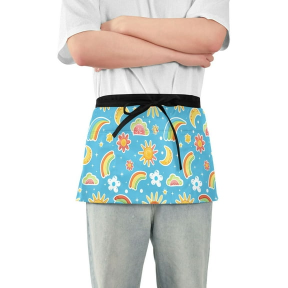 Rainbow Sun Flower Moon Server Apron with 3 Pockets Waterproof Waitress Waist Short Apron for Man Woman 12 Inches