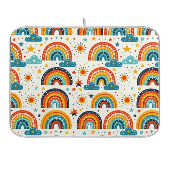 Rainbow Sun Star Cloud Dish Drying Mat 16x18 Absorbent Microfiber Draining Rack Pad for Kitchen Counter Sink