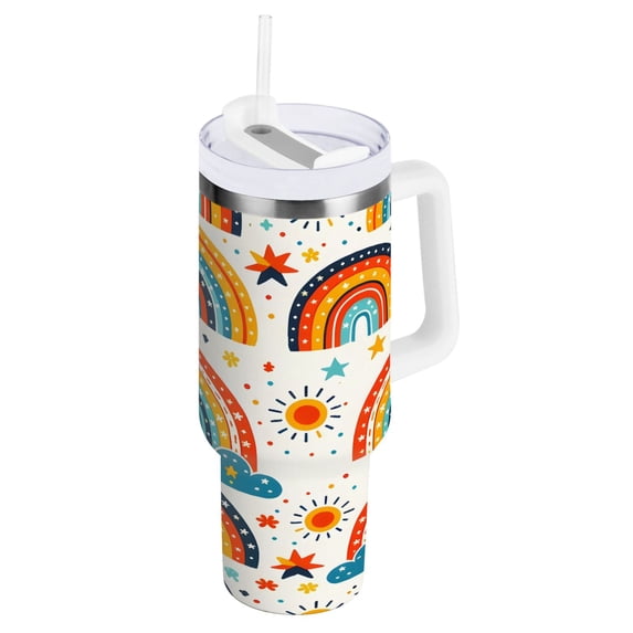 Rainbow Sun Star Cloud Tumbler with Handle and Straw Lid 30 oz Insulated Vacuum Water Bottle Stainless Steel Travel Cup