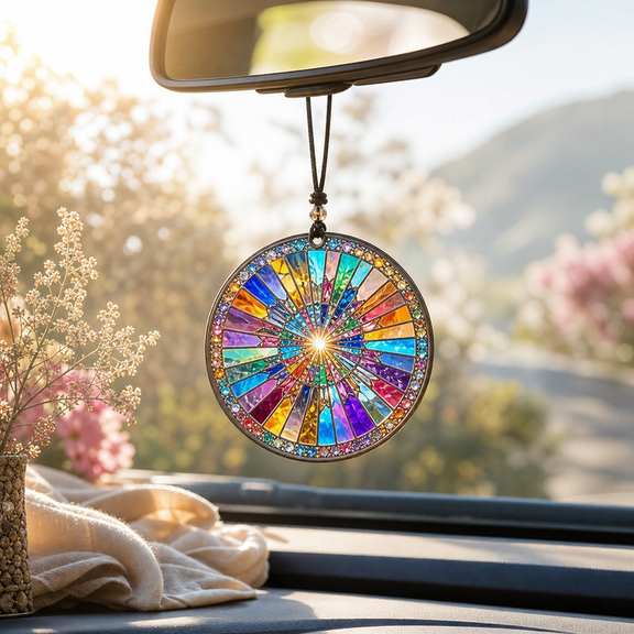 Rainbow Sunburst Stained Glass Suncatcher Rearview Mirror Charm for Car Gift