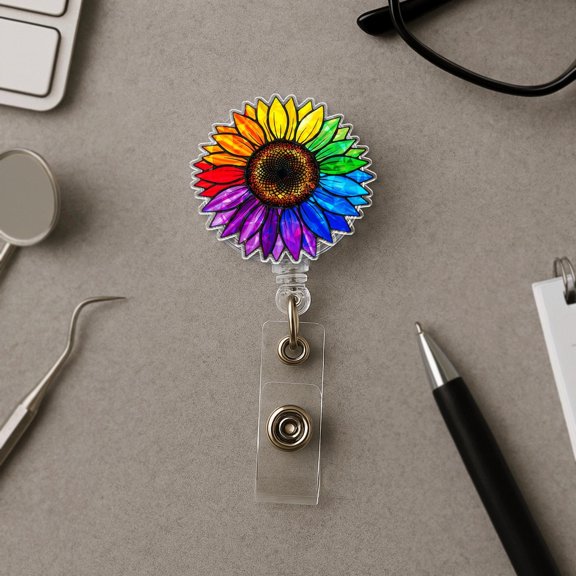 Rainbow Sunflower Badge Reel: Holographic LGBTQ+ Pride ID Holder