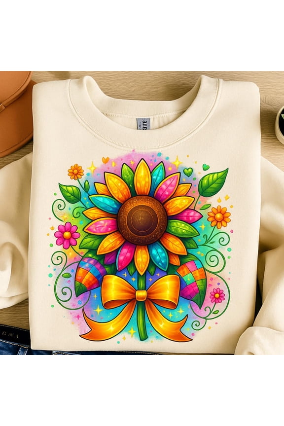 Rainbow Sunflower With Bow | Bright Floral Design For Shirts, Stickers & Sublimation All Size S-5XL