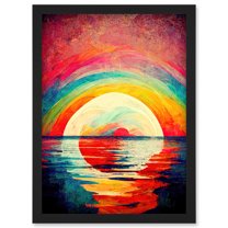 Rainbow Sunset At Sea Vibrant Expressionism Artwork Framed Wall Art Print A4