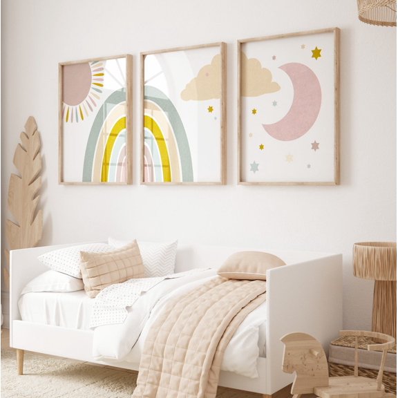 Rainbow Sunshine And Moon Prints Set Of 3, Boho Nursery Wall Art