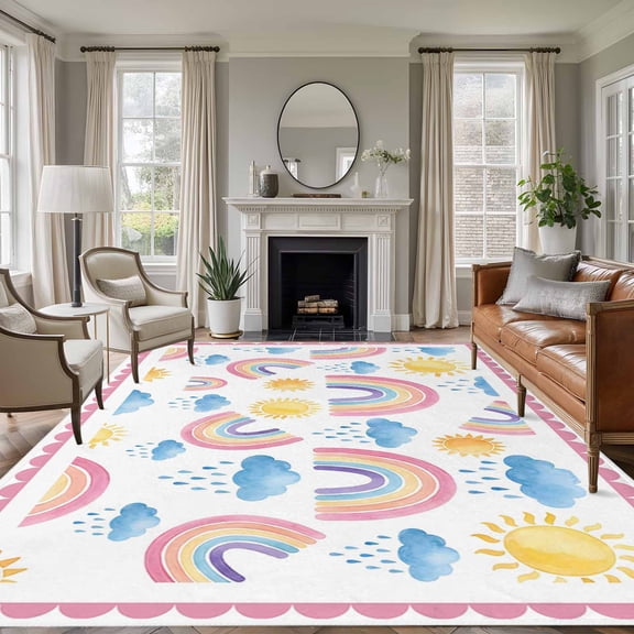 Rainbow Sunshine Area Rugs 5'x8', Washable Small Throw Rugs for Classroom Bedroom, Rainy Cute Pink Border Indoor Outdoor Rug Non-Slip Low Pile Carpet Runner Reversible Floor Mats