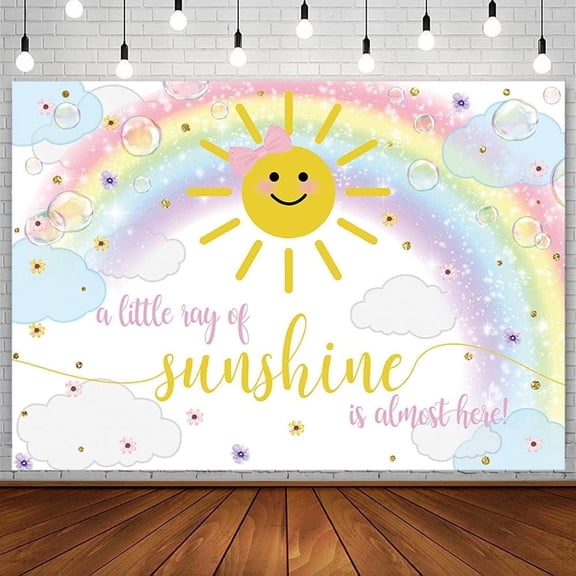 Rainbow Sunshine Baby Shower Backdrop A Little Ray of Sunshine is Almost Here Oh Baby Party Decorations Banner Cloud Bubble Gold Photography Background Cake Table Props Supplies