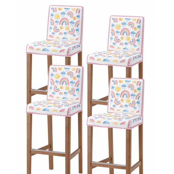 Rainbow Sunshine Bar Stool Covers Set of 4, Rainy Cute Pink Border Stretch Washable Bar Chair Covers with Backs, Removable Pub Counter Height Chair Cover for Kitchen Dining Room Cafe