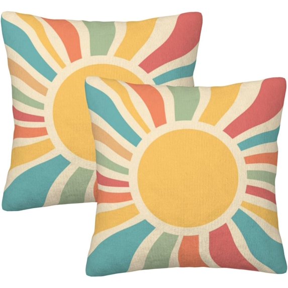Rainbow Sunshine Pillow Covers 18X18 Inch Set of 2 Mustard Yellow Sunset Boho Art Decorative Pillow Cases Colorful Bohemian Cushion Case Retro Home Decor for Sofa Couch Porch