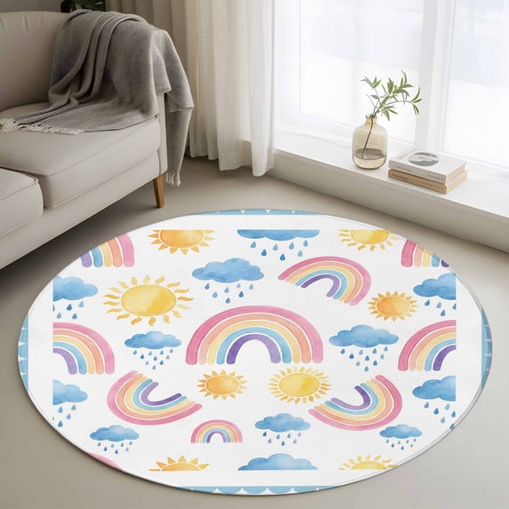 Rainbow Sunshine Round Area Rug 3Ft Washable Small Circle Rugs for Kitchen Entryway, Rainy Cute Blue Border Non-Slip Carpet Floor Mats Indoor Outdoor Carpet Runner Aesthetic Home Decor