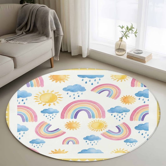 Rainbow Sunshine Round Area Rug 4Ft Washable Circle Rugs for Bedroom Dining Room, Rainy Cute Yellow Border Non-Slip Carpet Floor Mats Indoor Outdoor Carpet Runner Aesthetic Home Decor