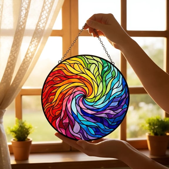 Rainbow Swirl Stained Glass Suncatcher Window Hanging, Abstract Boho Decor, Modern Housewarming Gift
