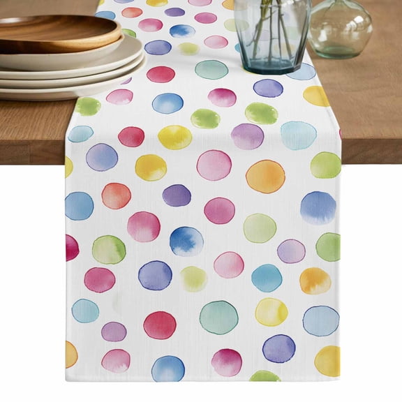 Rainbow Table Runner, Colorful Boho Tainted Pattern Polka Dot Modern Washable Cotton Linen Table Runners 48 Inches Long, Dresser Scarf Runner for Nightstand/Coffee/End Tables 13''x48''