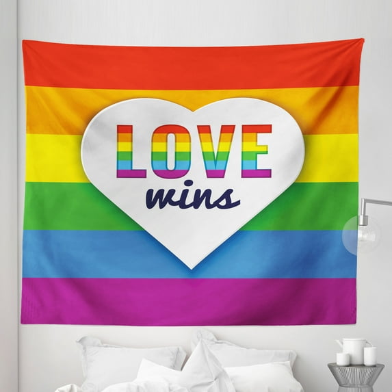 Rainbow Tapestry, Rainbow Flag with Stripes Heart with Love Wins Text LGBT Culture Colorful, Fabric Wall Hanging Decor for Bedroom Living Room Dorm, 5 Sizes, Multicolor, by Ambesonne