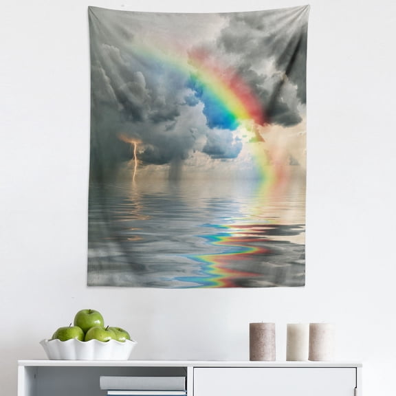 Rainbow Tapestry, Rainbow on Rippling Water Storm Clouds and Thunder Overcast Sky Weather, Fabric Wall Hanging Decor for Bedroom Living Room Dorm, 5 Sizes, Pale Grey Multicolor, by Ambesonne
