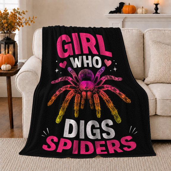 Rainbow Girl Who Digs Spiders Text, Playful Friendship Quote Scene, Warm Flannel Blanket for Living Room and Reading Nook, Art Lovers Friendship Gift, Artistic Home Decor