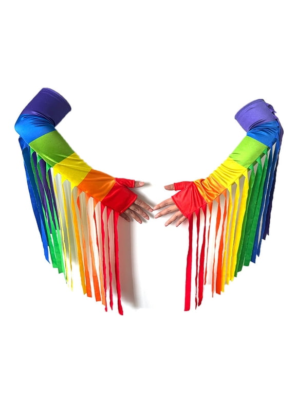 Rainbow Tassel Gloves, Long Fringe Rave Gloves for Party, Dance & Festival, One Size