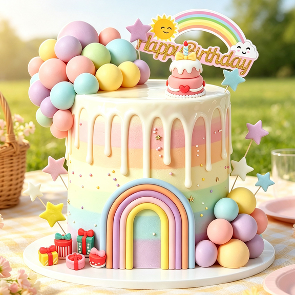 Rainbow Themed Birthday Cake Decorating Kit - Festive Colorful Cake Decoration Set for Birthday Parties, Outdoor Gatherings, or Holiday Celebrations