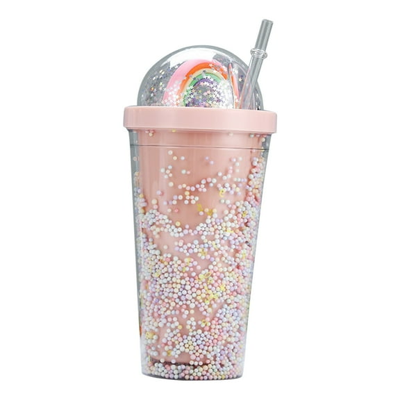 Rainbow Themed Cup with Straw Large Capacity Double Layer Plastic Tumbler Cute Aesthetic Iced Drink Bottle Leak Proof Portable Summer Iced Drink Cup for Students Kids Adults