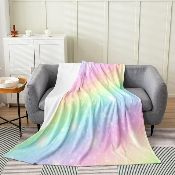 Rainbow Throw Blanket for Kids Girls Teens Women,Tie Dye Pastel Fleece Blanket 40x50 inch,Golden Stars Glitter Plush Blanket,Watercolor Art Girly Flannel Blanket Bedroom Decor