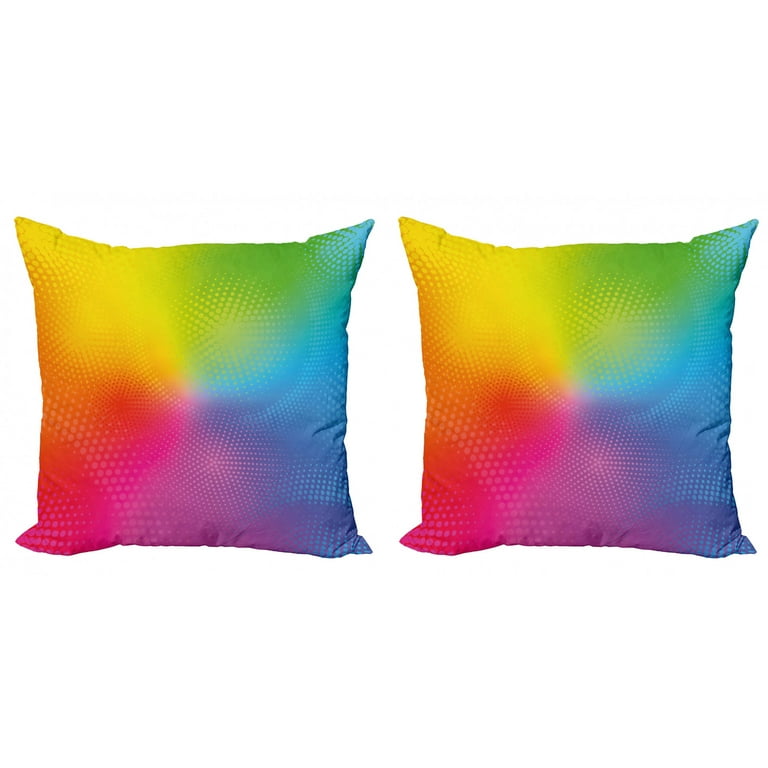 Rainbow Throw Pillow Cushion Cover Pack of 2 Vibrant Neon Colors Circles Rounds Dots Radiant Composition Iridescent Effect Print Zippered