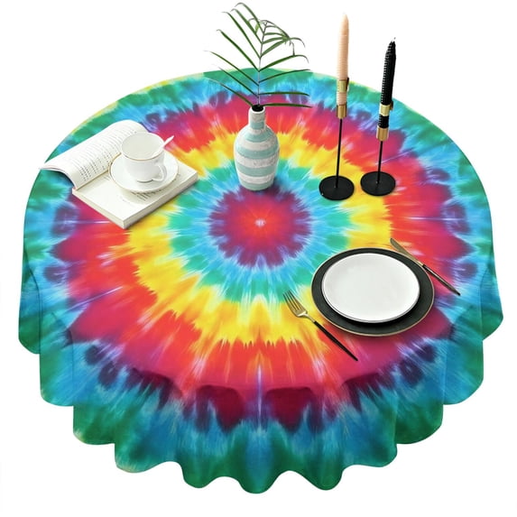 Rainbow Tie Dye Circular Pattern Round Tablecloth 60"x60",Wrinkle Wipeable Table Cloth for Kitchen Dining Room Picnic Patio Party