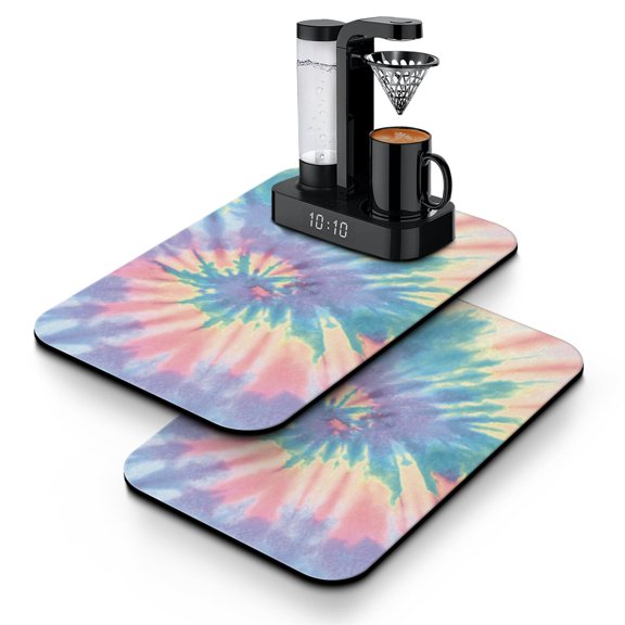 Rainbow Tie Dye Coffee Bar Mat 2pcs Retro Psychedelic Swirl Absorbent Mat, Non-Slip Rubber Base for Espresso Machine, Eco-Friendly Coffee Station Accessories