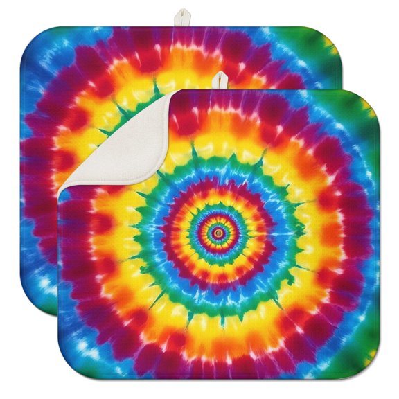 Rainbow Tie Dye Concentric Circles Dish Drying Mat for Kitchen 1 Pack, Ultra Absorbent Microfiber Dishes Drainer Mats,16"x18"