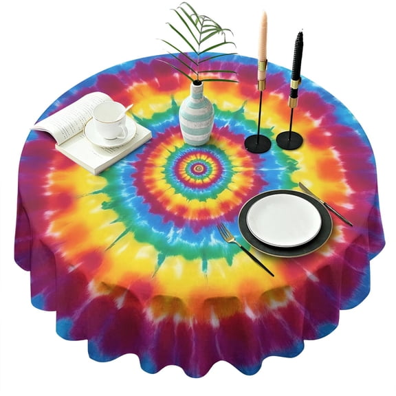 Rainbow Tie Dye Concentric Circles Round Tablecloth 60"x60",Wrinkle Wipeable Table Cloth for Kitchen Dining Room Picnic Patio Party