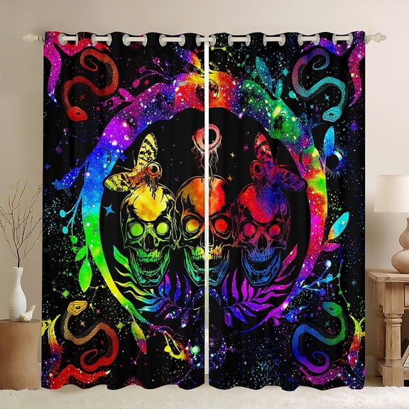 Rainbow Tie Dye Curtains & Drapes Boho Death Skull Curtains,Trippy Galaxy Blackout Curtains 84Wx63L Watercolor Moon Phase Window Treatments Constellations Zodiac Curtains Window Drapes