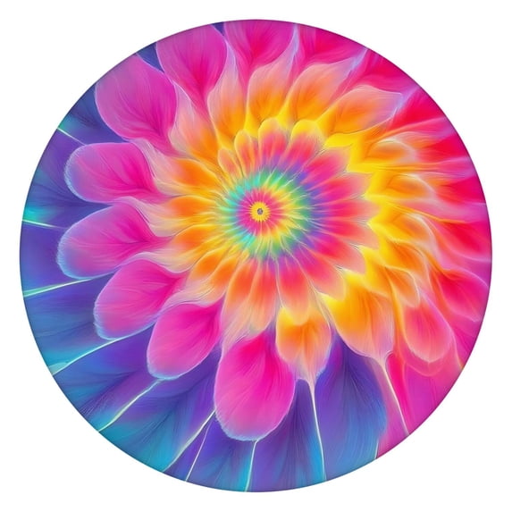 Rainbow Tie Dye Floral Pattern Round Fitted Tablecloth with Elastic Edge,Dining Table Cover Waterproof,Outdoor Round Tablecloth for Camping,Dining,Indoor and Outdoor