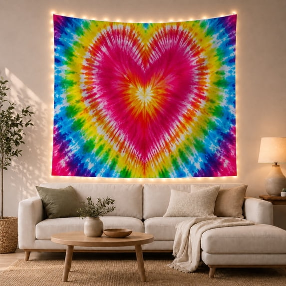 Rainbow Tie Dye Heart with Jagged Color Bands, Energetic Psychedelic Style for Tie Dye Lovers, Bohemian Wall Decor, Housewarming Gift, Tapestry Wall Hanging for Bedroom and Dorm