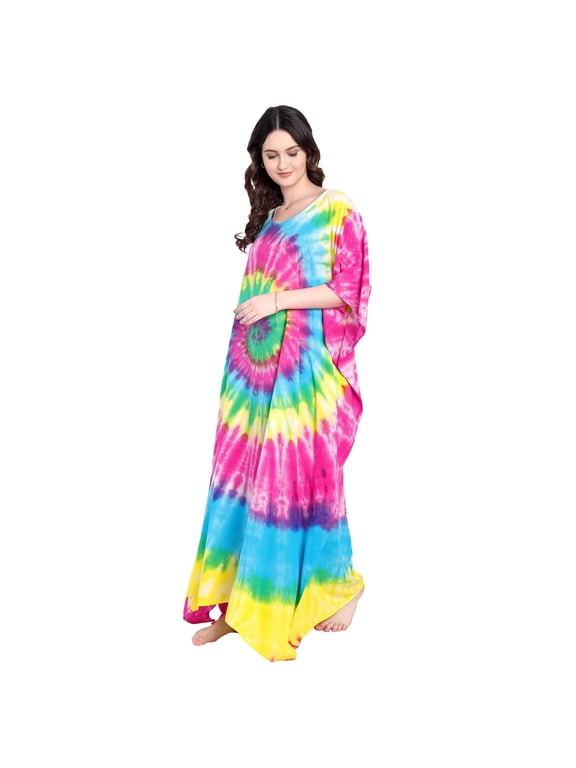 Rainbow Tie-Dye Kaftan Maxi Dress, V-Neck Viscose Beach Cover Up, One Size Plus Size Batwing Sleeve, Boho Resort Lounge Wear, 54 Inch Length