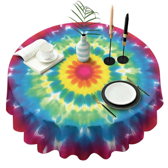 Rainbow Tie Dye Mandala Flower Pattern Round Tablecloth 60"x60",Wrinkle Wipeable Table Cloth for Kitchen Dining Room Picnic Patio Party
