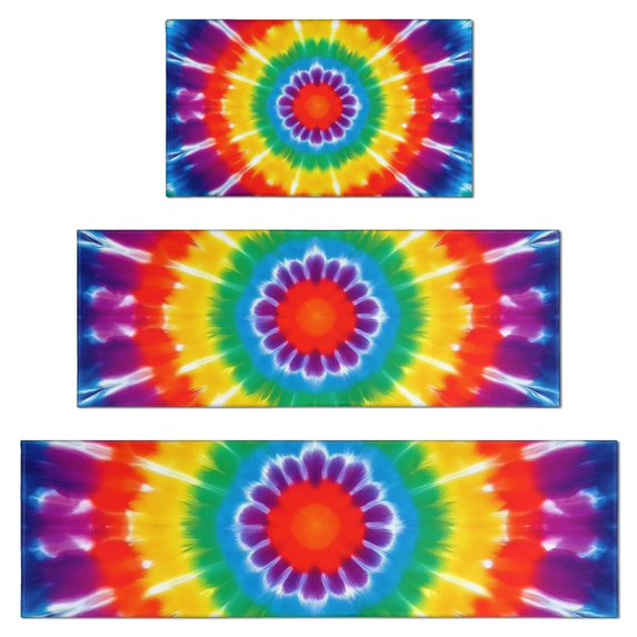 Rainbow Tie Dye Mandala Kitchen Rugs Sets Of 3,Kitchen Runner Rugs Non Skid Washable,Decorative Kitchen Floor Mats for Kitchen,Sink,Laundry,17"x30"+ 17"x47" + 17"x59"