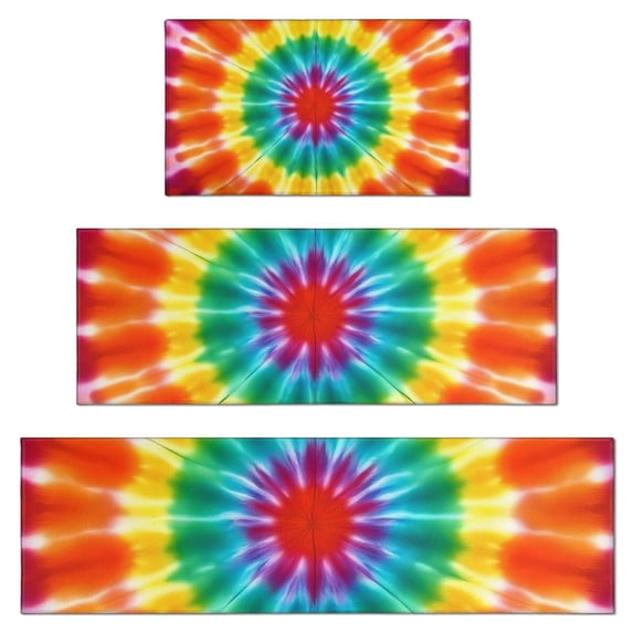 Rainbow Tie Dye Mandala Pattern Kitchen Rugs Sets Of 3,Kitchen Runner Rugs Non Skid Washable,Decorative Kitchen Floor Mats for Kitchen,Sink,Laundry,17"x30"+ 17"x47" + 17"x59"