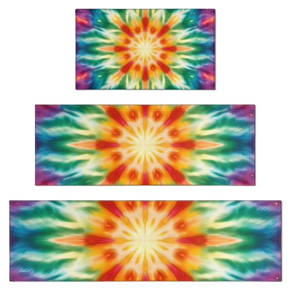 Rainbow Tie Dye Mandala Pattern Kitchen Rugs Sets Of 3,Kitchen Runner Rugs Non Skid Washable,Decorative Kitchen Floor Mats for Kitchen,Sink,Laundry,17"x30"+ 17"x47" + 17"x59"