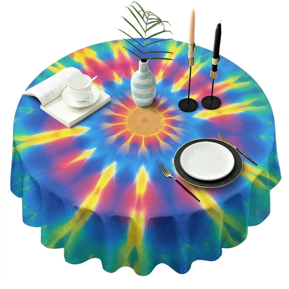 Rainbow Tie Dye Mandala Pattern Round Tablecloth 60"x60",Wrinkle Wipeable Table Cloth for Kitchen Dining Room Picnic Patio Party