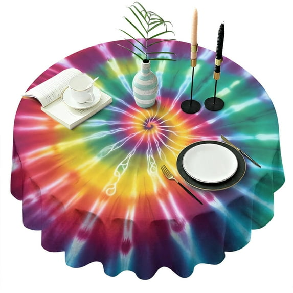 Rainbow Tie Dye Mandala Pattern Round Tablecloth 60"x60",Wrinkle Wipeable Table Cloth for Kitchen Dining Room Picnic Patio Party