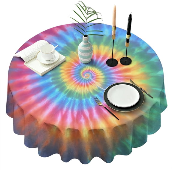 Rainbow Tie Dye Mandala Pattern Round Tablecloth 60"x60",Wrinkle Wipeable Table Cloth for Kitchen Dining Room Picnic Patio Party