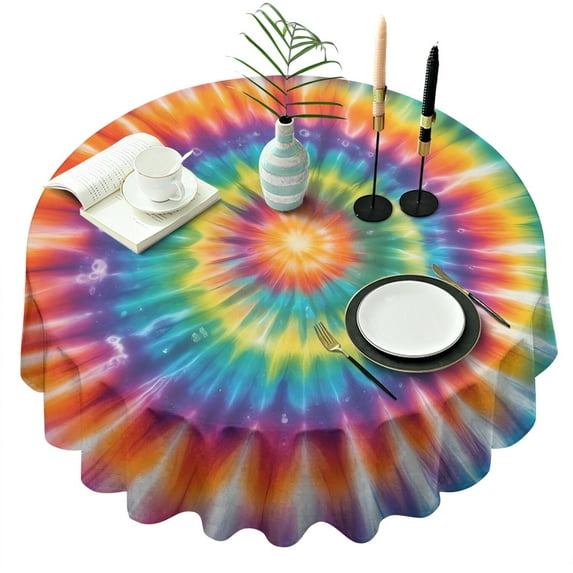 Rainbow Tie Dye Mandala Pattern Round Tablecloth 60"x60",Wrinkle Wipeable Table Cloth for Kitchen Dining Room Picnic Patio Party