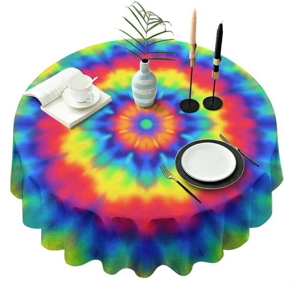 Rainbow Tie Dye Mandala Pattern Round Tablecloth 60"x60",Wrinkle Wipeable Table Cloth for Kitchen Dining Room Picnic Patio Party