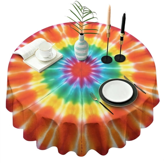 Rainbow Tie Dye Mandala Pattern Round Tablecloth 60"x60",Wrinkle Wipeable Table Cloth for Kitchen Dining Room Picnic Patio Party