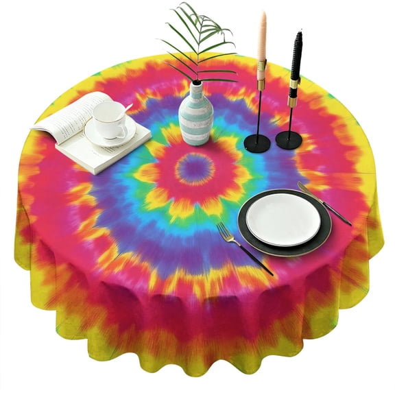 Rainbow Tie Dye Mandala Pattern Round Tablecloth 60"x60",Wrinkle Wipeable Table Cloth for Kitchen Dining Room Picnic Patio Party