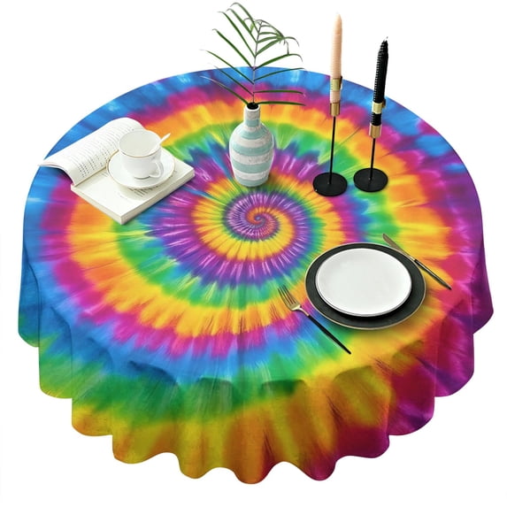Rainbow Tie Dye Mandala Pattern Round Tablecloth 60"x60",Wrinkle Wipeable Table Cloth for Kitchen Dining Room Picnic Patio Party