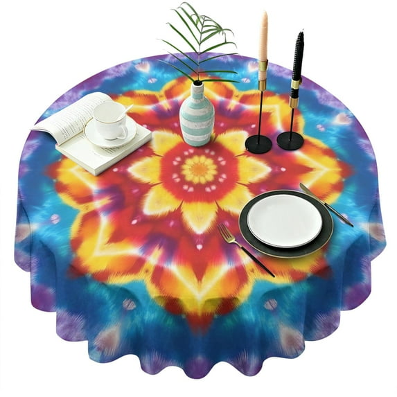Rainbow Tie Dye Mandala Pattern Round Tablecloth 60"x60",Wrinkle Wipeable Table Cloth for Kitchen Dining Room Picnic Patio Party
