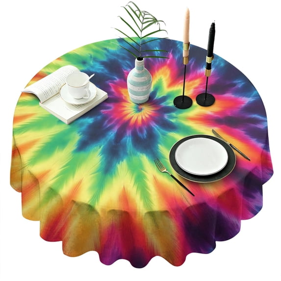 Rainbow Tie Dye Mandala Pattern Round Tablecloth 60"x60",Wrinkle Wipeable Table Cloth for Kitchen Dining Room Picnic Patio Party